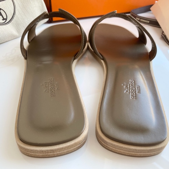 HERMES H ORAN SANDALS ETOUPE EPSOM LEATHER FLIP FLOPS SHOES FLAT SLIDES 38 - Picture 10 of 13